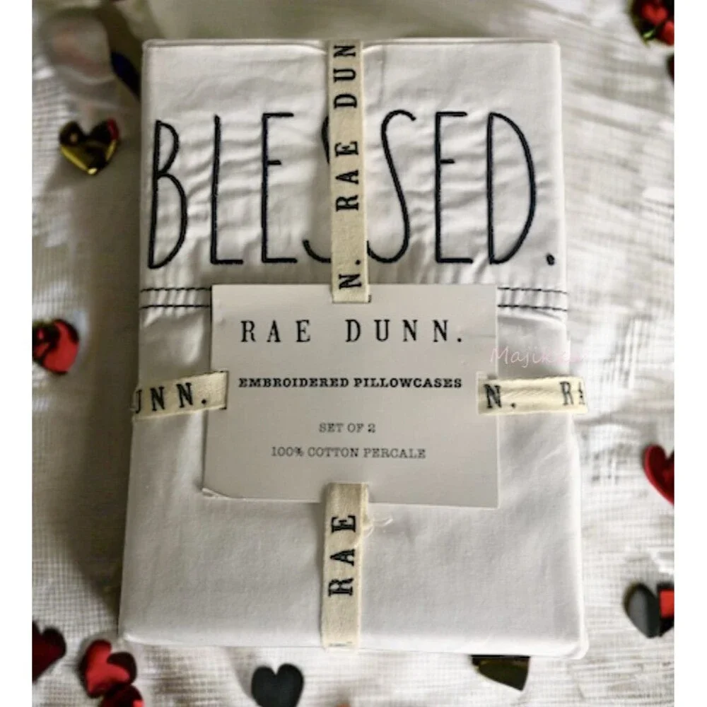 Rae Dunn Blessed Pillowcases Set of 2 Embroidered Standard White Cotton Percale